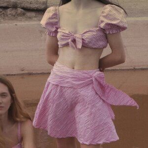 STEFANIA VAIDANI Vichy gingham pink mini skirt with Bow